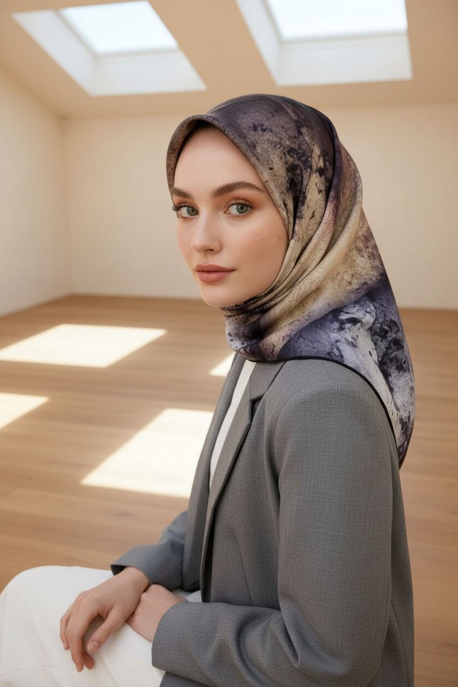% 57 İPEK % 43 VİSKON Twill İpek Dokulu Ve Geometrik Desenli Pudra - Gri Renkli 90x90 Eşarp Dikim Şekli : El Dikişi
