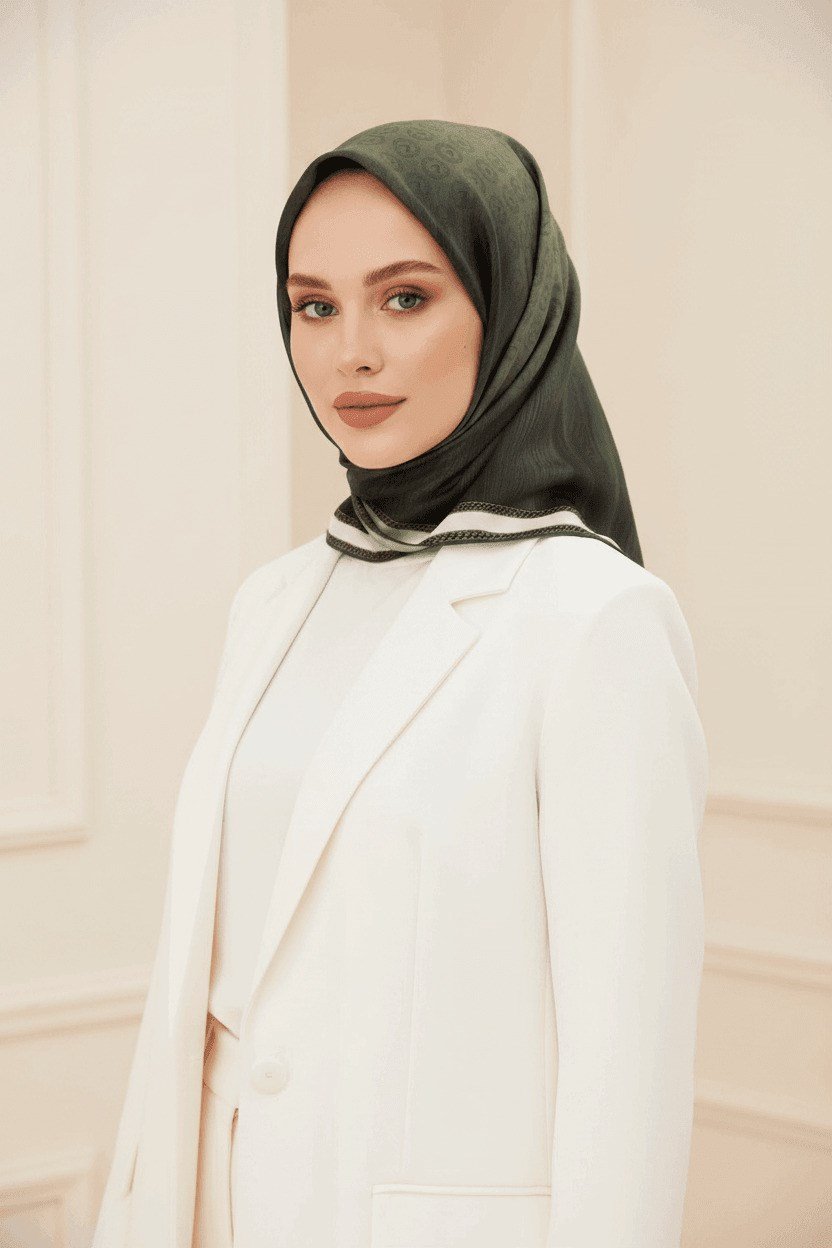 % 57 İPEK % 43 VİSKON Twill İpek Monogram Desenli Haki Renkli 90x90 Dikim Şekli : El Dikişi Eşarp
