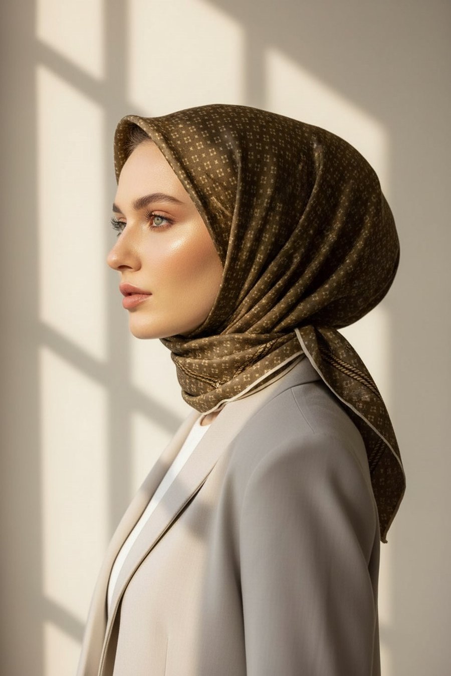 %100 Twill İpek Zincir Desenli Vizon - Gold Renkli 90x90 Eşarp Dikim Şekli : El Dikişi