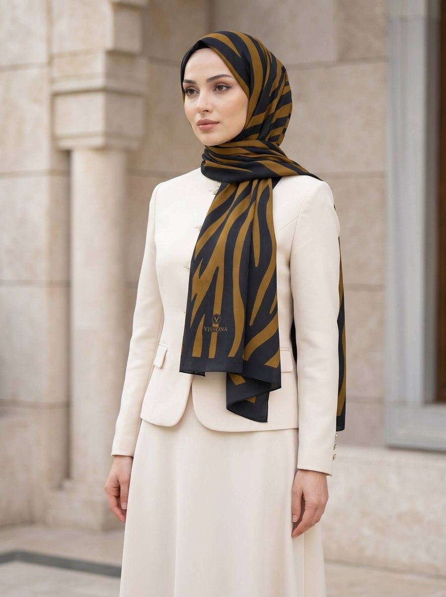 Kırışmaz Krep Şal Zebra Desenli Siyah Hardal 75x190 cm – Kolay Şekil Alan