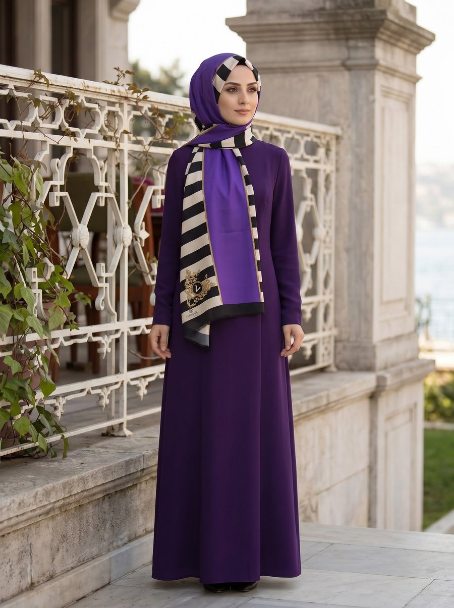 %100 Saf İpek Şal İnce Saten Vual Dokuma Çizgili Ve Varak Desenli Mor - Siyah Renkli 90x210 Şal