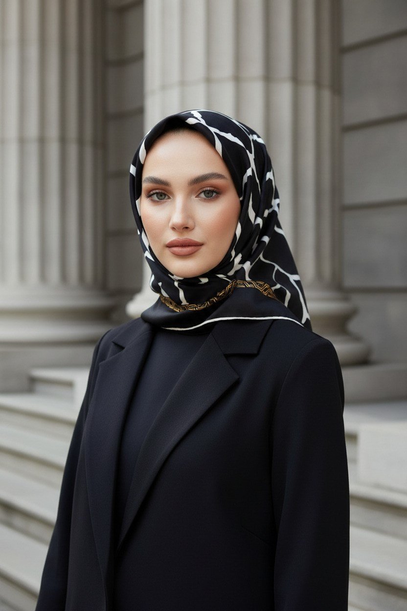 % 57 İPEK % 43 VİSKON Twill Taş Desenli Siyah - Krem Renkli 90x90 Eşarp Dikim Şekli: El Dikişi