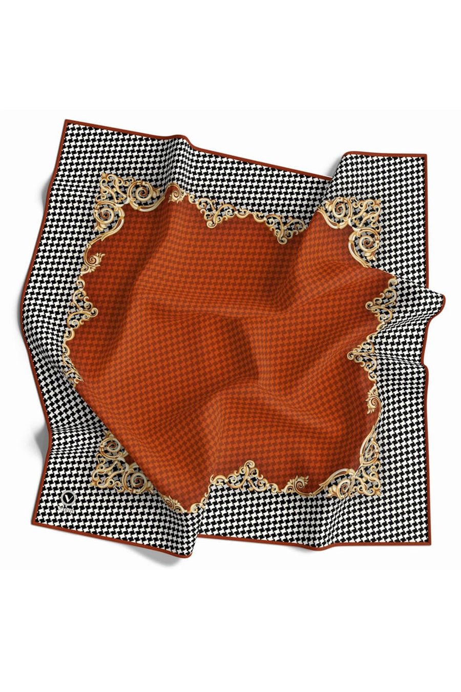 Soft Bordürlü Barok Çerçeveli Kazayağı Desenli Taba Renkli 90x90 Eşarp (İpek İçermez) Kenar Dikiş Şekli El Dikişli