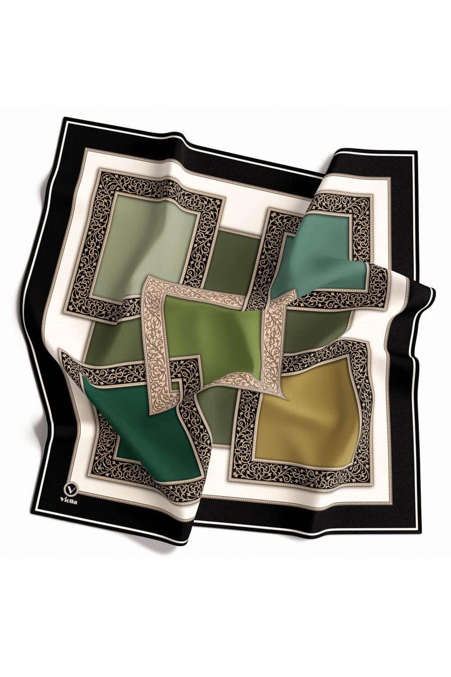 Kristal Geometrik Desenli Haki Renkli 90x90 Eşarp (İpek İçermez) Kenar Dikiş Şekli El Dikişli