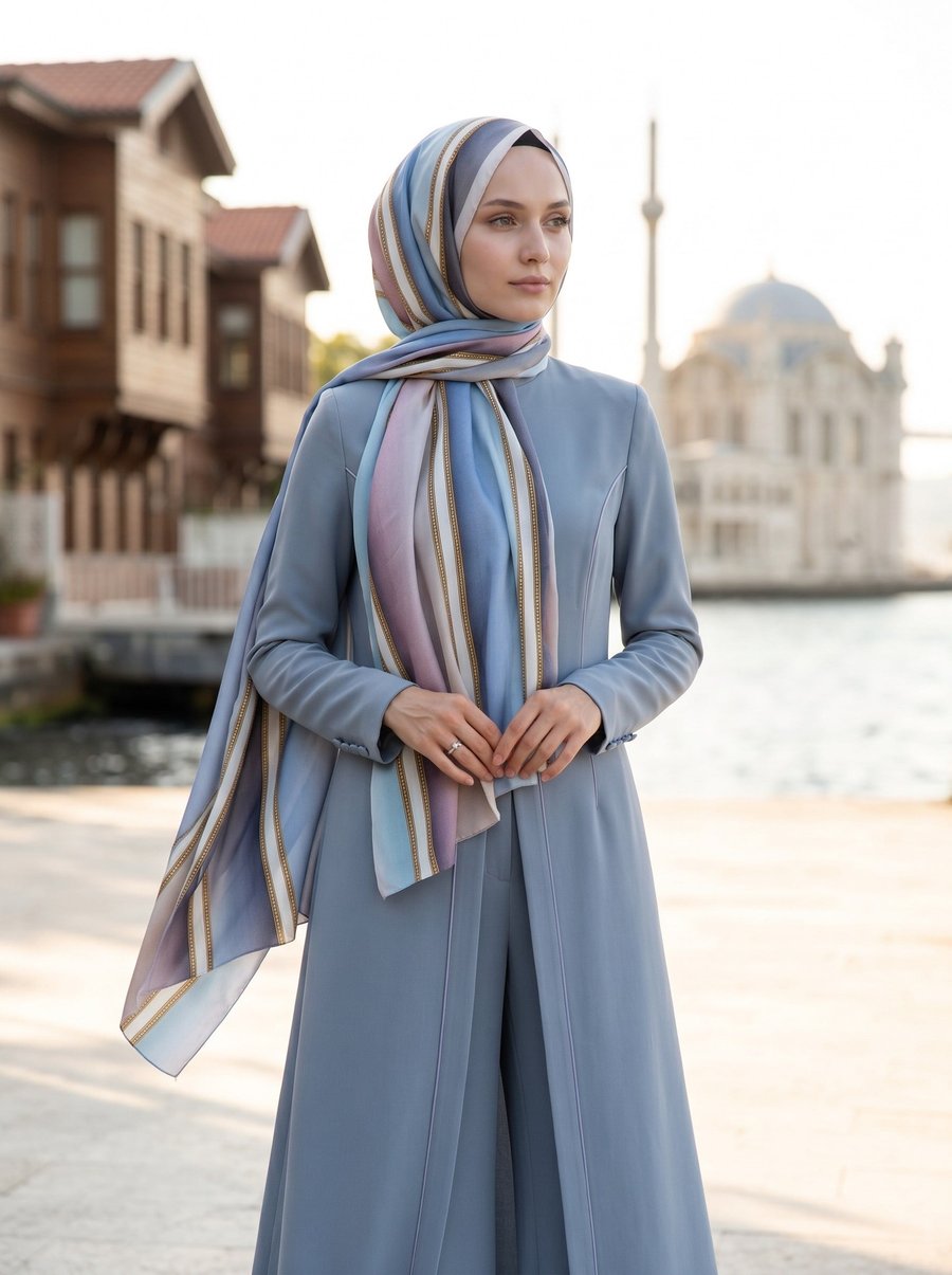 %100 Saf İpek Şal İnce Saten Vual Dokuma Şerit Desenli Bebe Mavisi - Pudra Renkli 90x210 Şal
