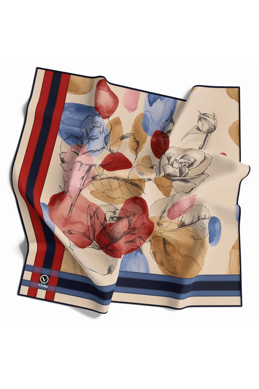 Soft Çiçek Desenli Bordo - İndigo Renkli 90x90 Eşarp (İpek İçermez) Kenar Dikiş Şekli El Dikişli