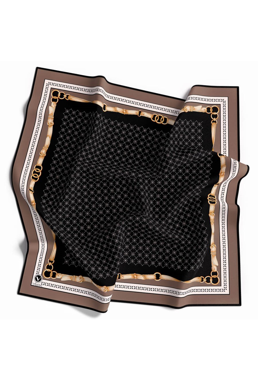 Twill Kemerli ve Çıtır Motifli Desenli Vizon Renkli 90x90 Eşarp (İpek İçermez) Dikim Şekli : El Dikişi