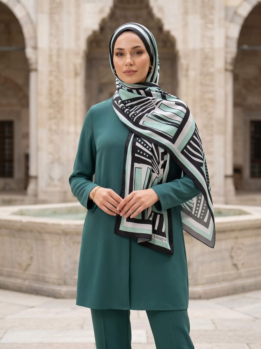 %100 Saf İpek Şal İnce Saten Vual Dokuma Yelpaze Desenli Su Yeşili - Siyah Renkli 90x210 Şal