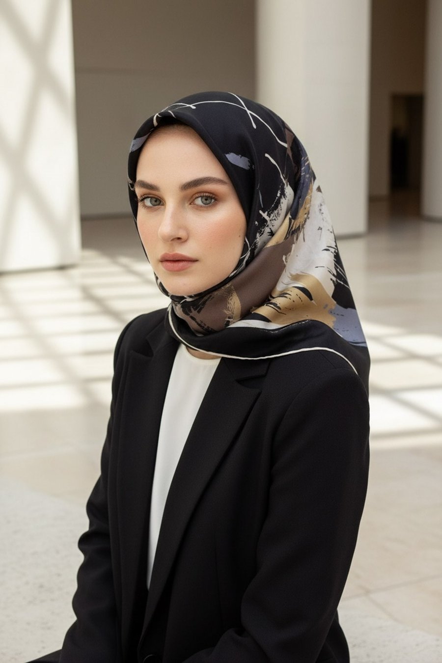 %57 İPEK %43 VİSKON Twill İpek Geometrik Desenli Bej - Gri Renkli 90x90 Eşarp Dikim Şekli : El Dikişi