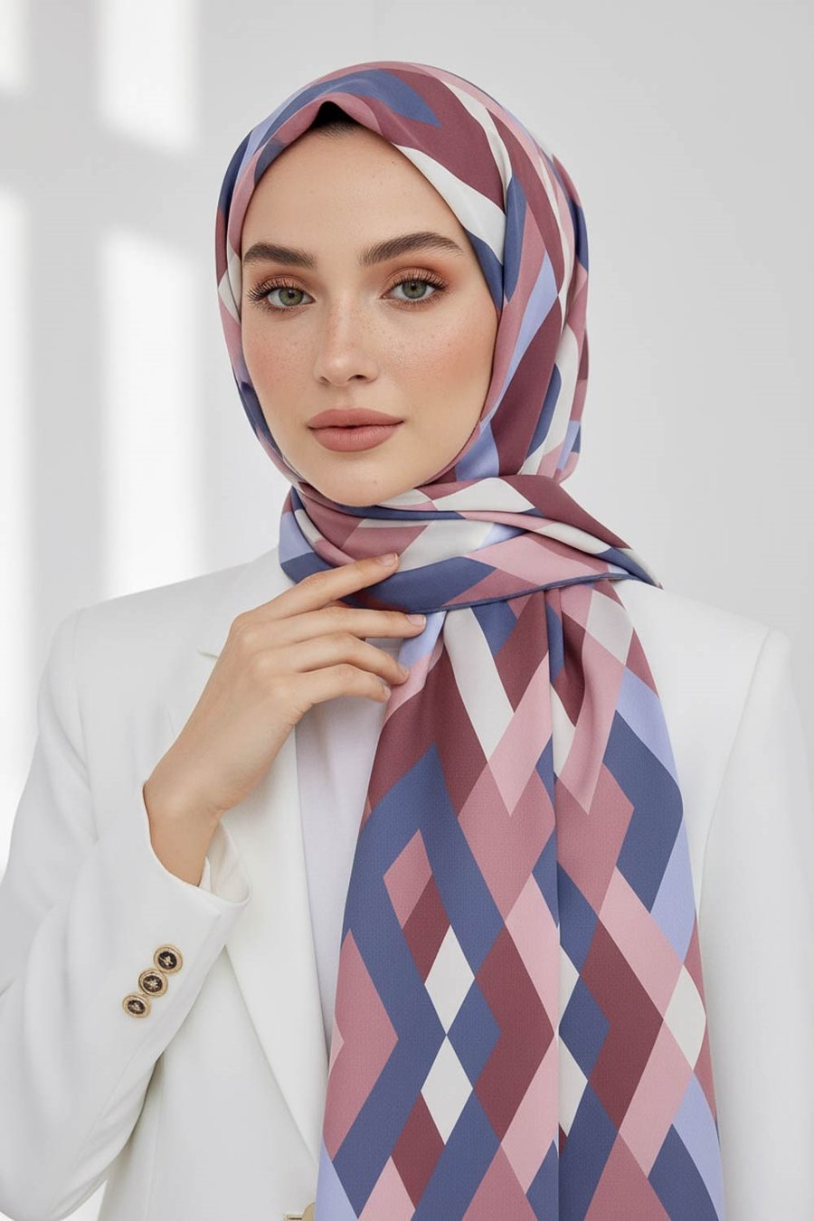 KREP GEOMETRİK DESENLİ PUDRA - İNDİGO RENKLİ 75X195 KIRIŞMAZ ŞAL