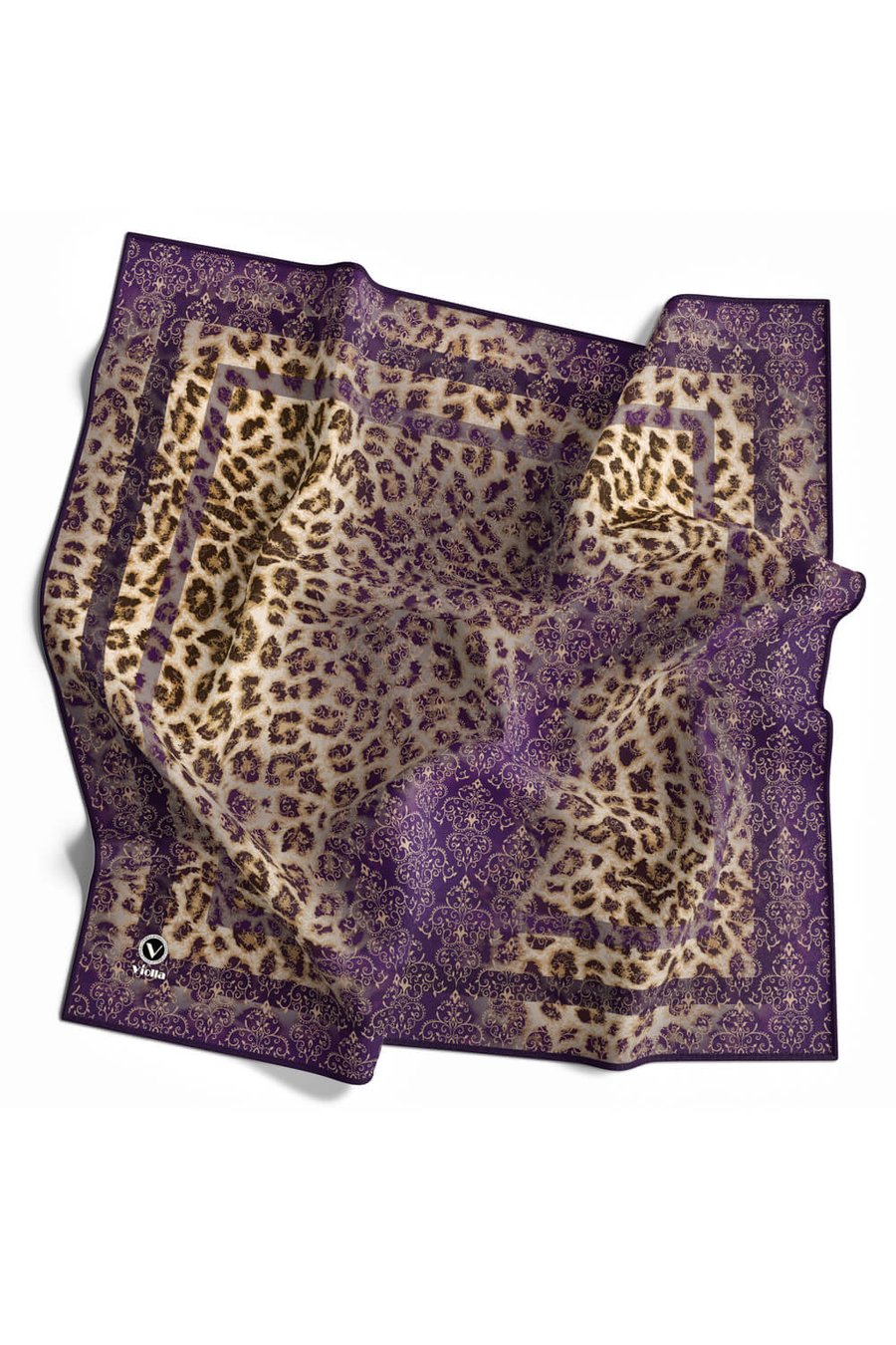 Twill Leopar Desenli Mor Renkli 90x90 Eşarp (İpek İçermez) Kenar Dikiş Şekli El Dikişli