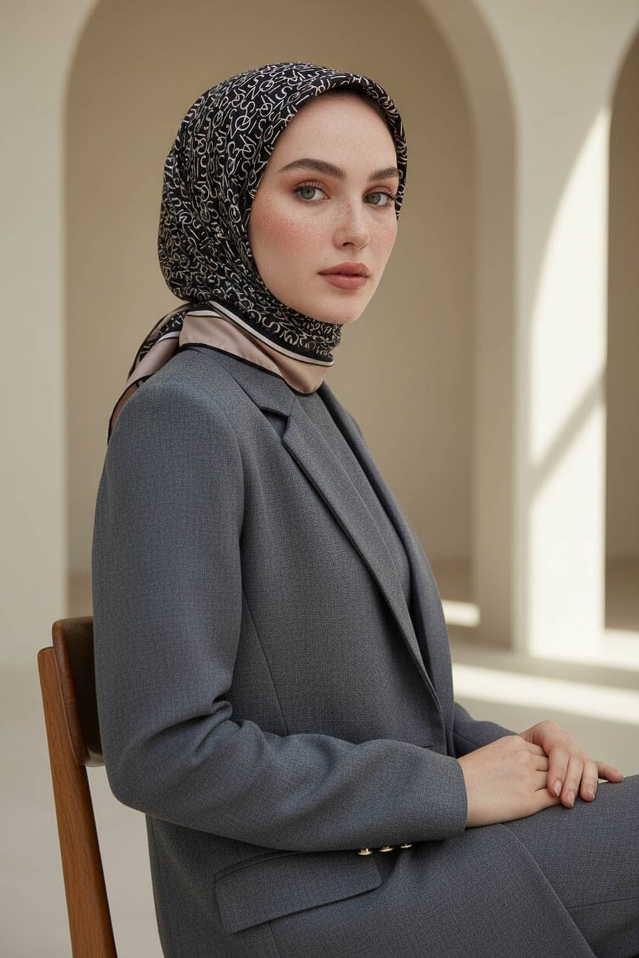 %100 Twill İpek Harf Desenli Siyah - Vizon Renkli 90x90 Eşarp Dikim Şekli : El Dikişi