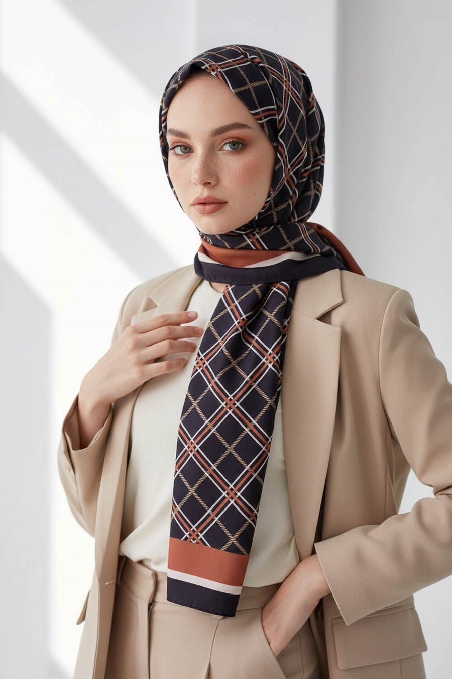 KREP EKOSE DESENLİ SİYAH - GÜL KURUSU RENKLİ 75X195 KIRIŞMAZ ŞAL