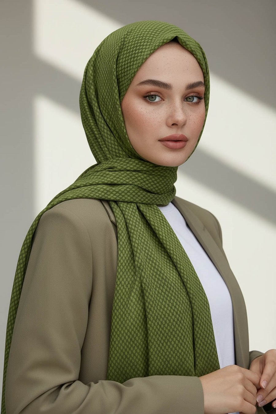 KREP HASIR DESENLİ HAKİ RENKLİ 75X195 KIRIŞMAZ ŞAL