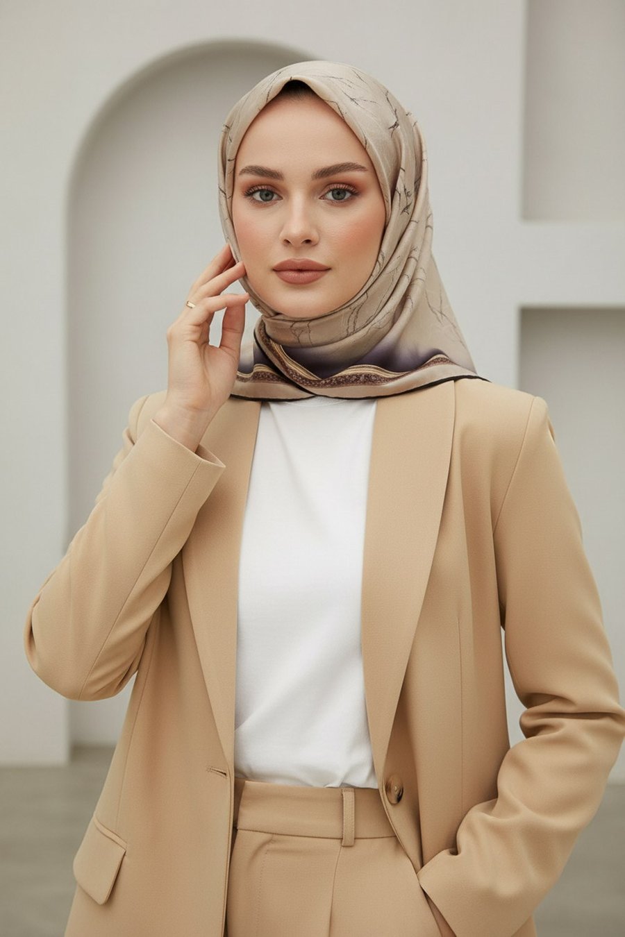 % 57 İPEK % 43 VİSKON Twill İpek Mermer Desenli Taş Renkli 90x90 Eşarp Dikim Şekli : El Dikişi
