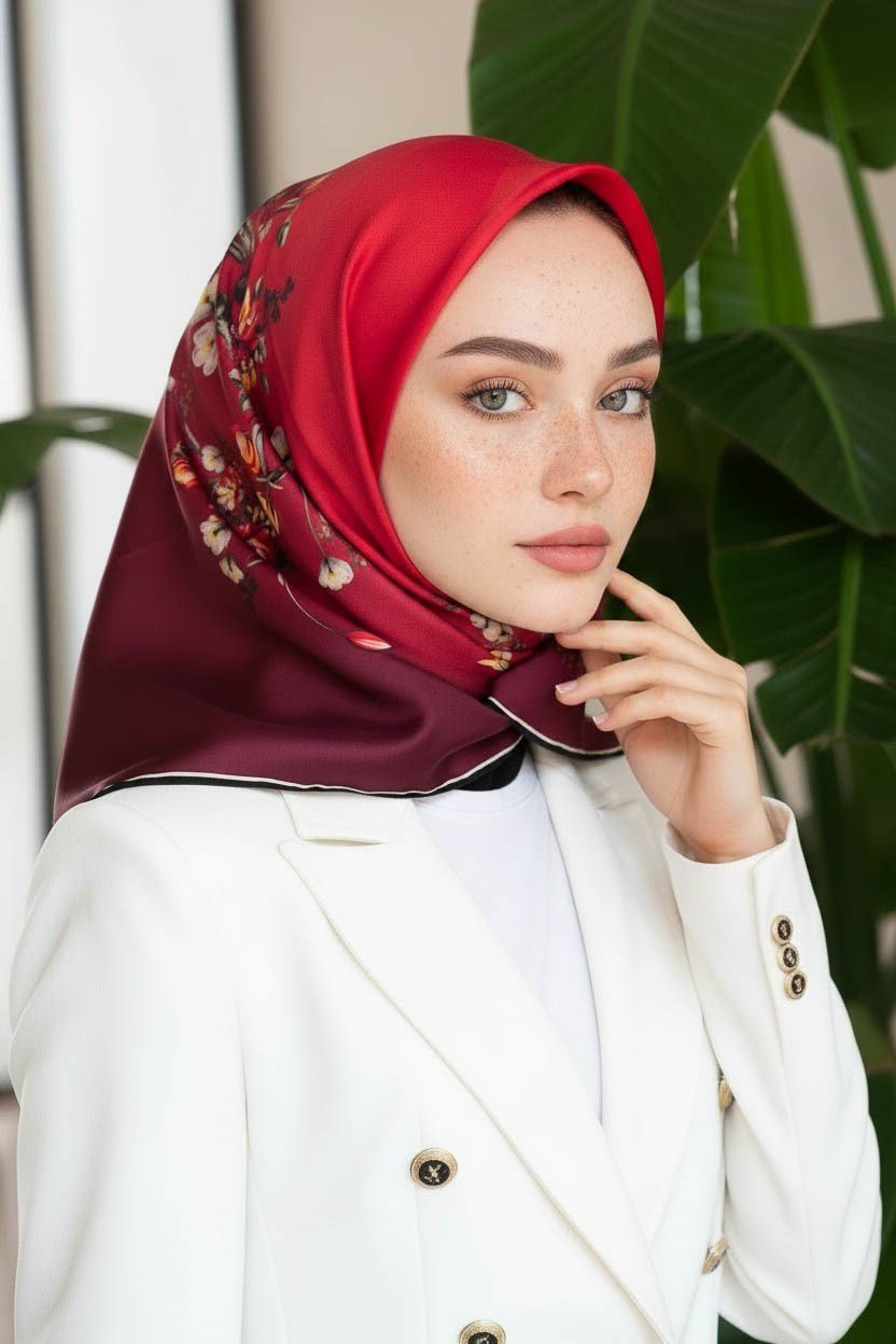 %100 Twill İpek Sonsuz Çiçek Desenli Bordo Renkli 90x90 Eşarp Dikim Şekli : El Dikişi