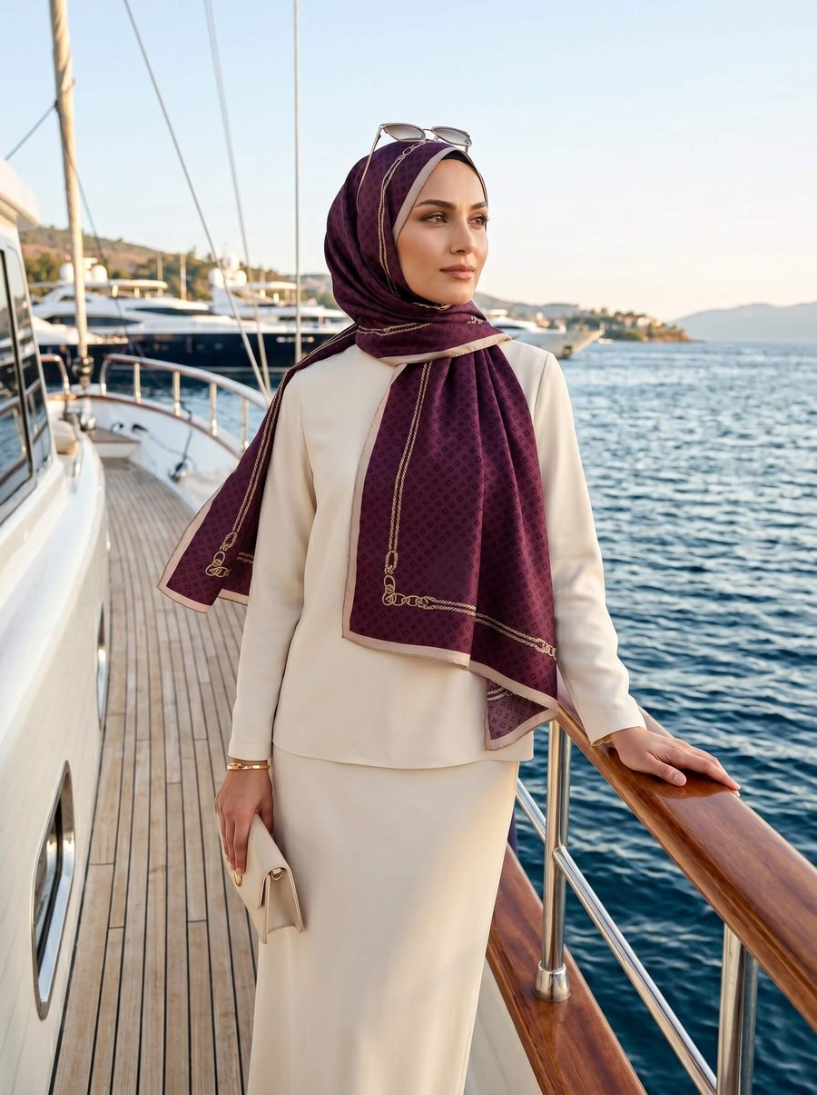 %100 Saf İpek Şal İnce Saten Vual Dokuma Zincir Desenli Şarabi - Siyah Renkli 90x210 Şal