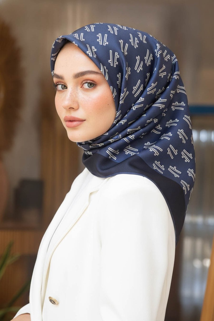 %100 Twill İpek Geometrik Desenli İndigo - Lacivert Renkli 90x90 Eşarp Dikim Şekli : El Dikişi