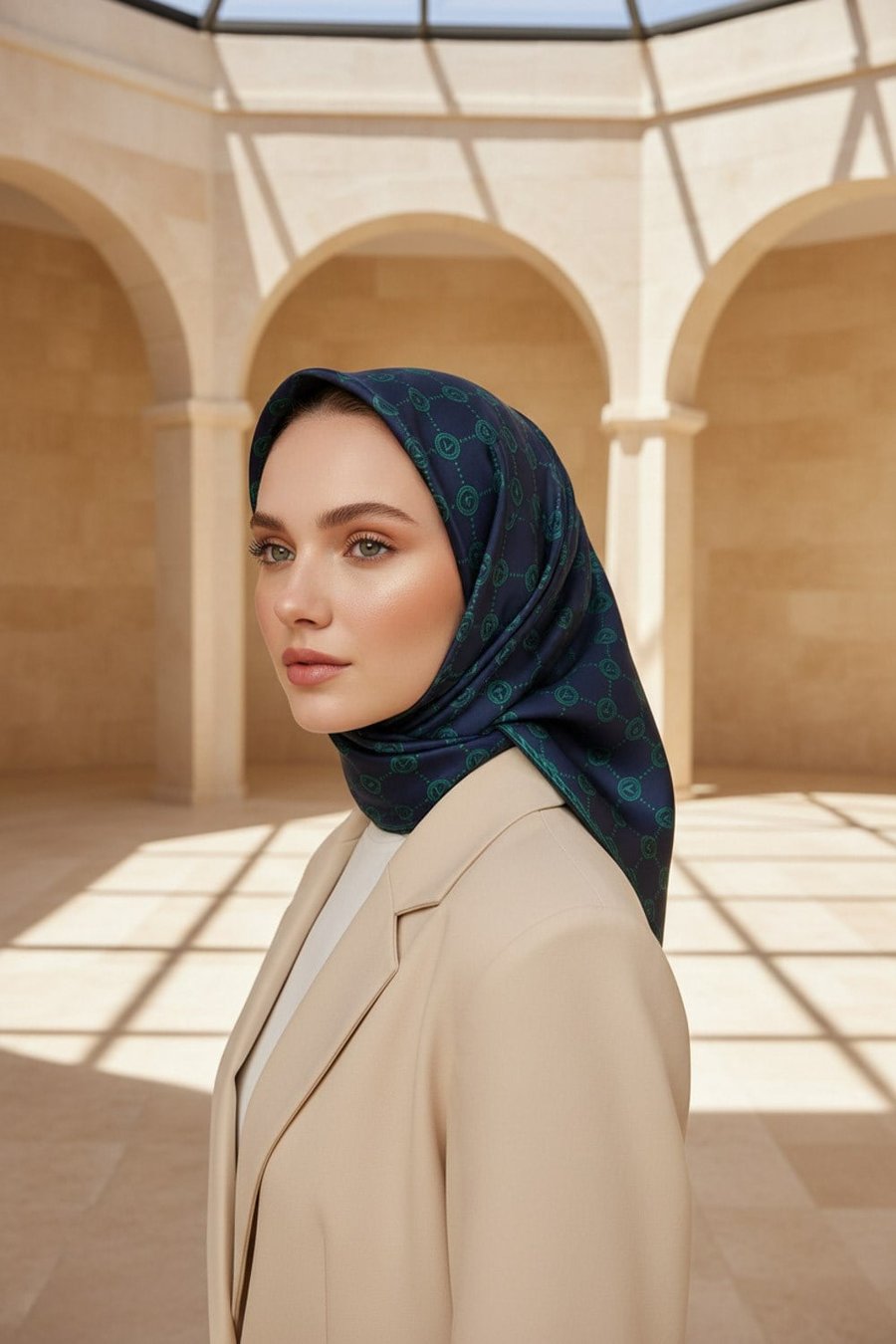 %100 Twill İpek Zincirli Ve Monogram Desenli Lacivert - Zümrüt Yeşili Renkli 90x90 Eşarp Dikim Şekli : El Dikişi
