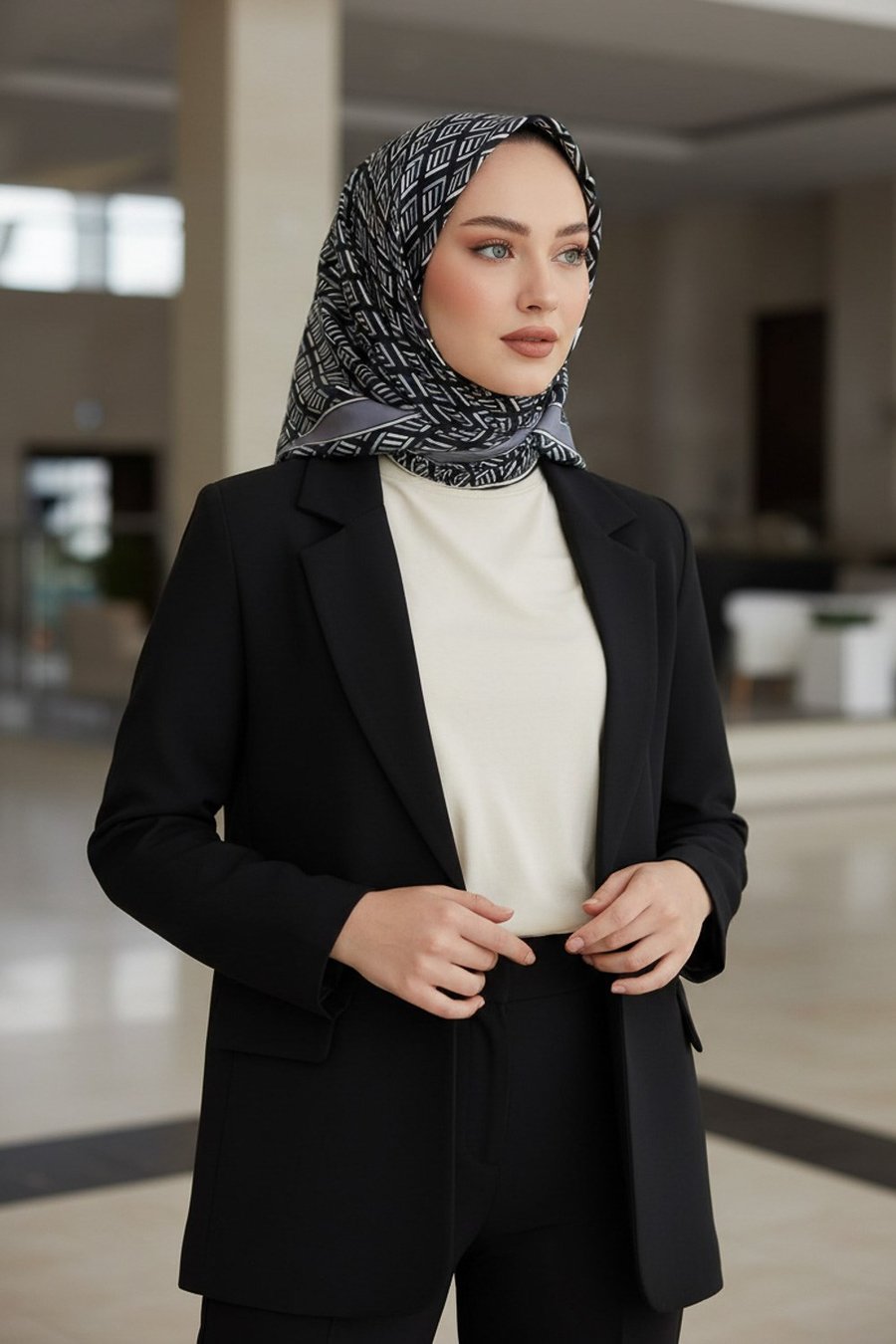 % 57 İPEK % 43 VİSKON Twill İpek Geometrik Desenli Siyah - Gri Renkli 90x90 Eşarp Dikim Şekli : El Dikişi