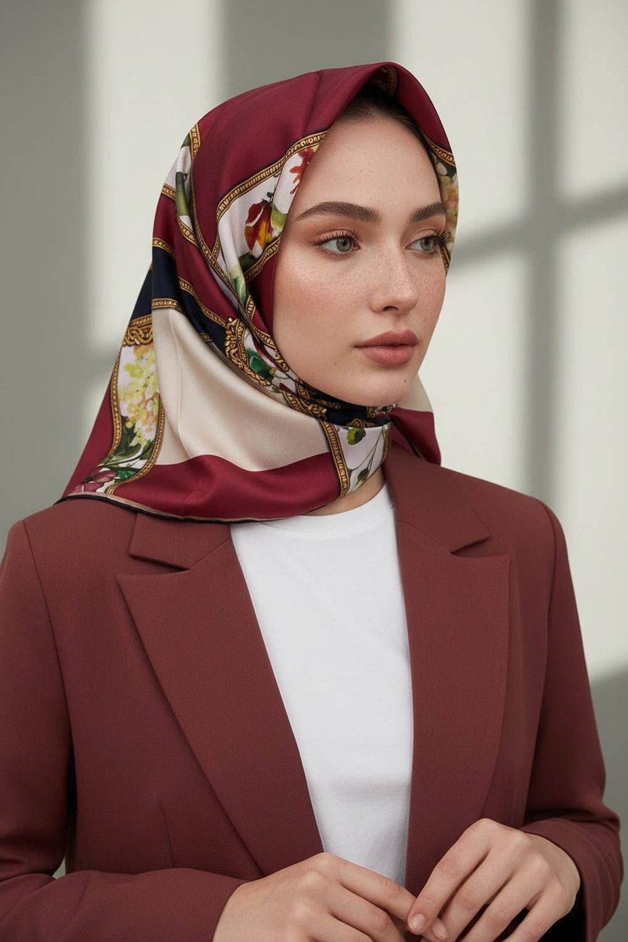 100% Twill İpek Şeritli Çiçek Desenli Bordo - Lacivert Renkli 90x90 Dikim Şekli : El Dikişi Eşarp