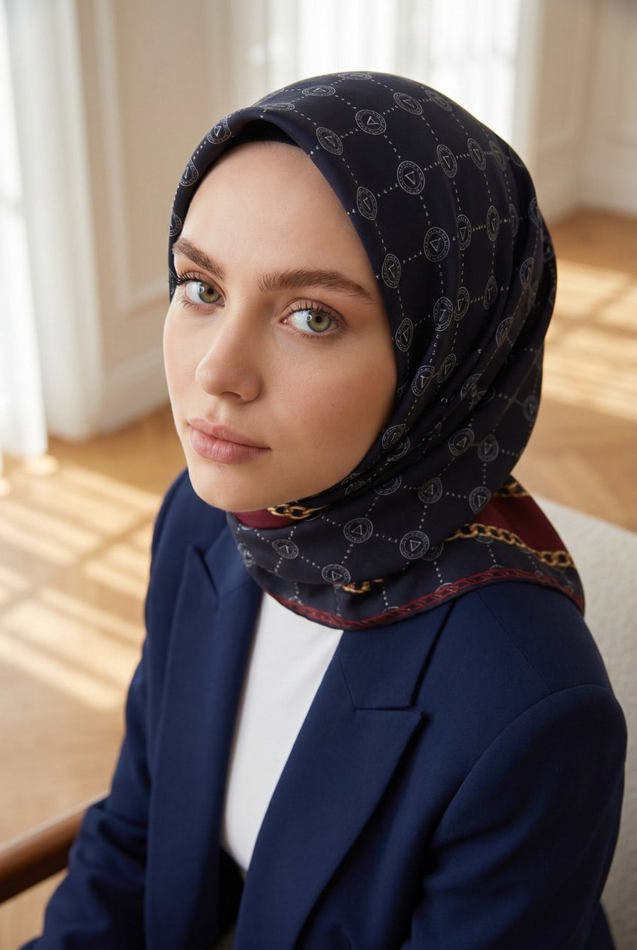 %100 Twill İpek Zincirli Ve Monogram Desenli Lacivert - Bordo Renkli 90x90 Eşarp Dikim Şekli : El Dikişi