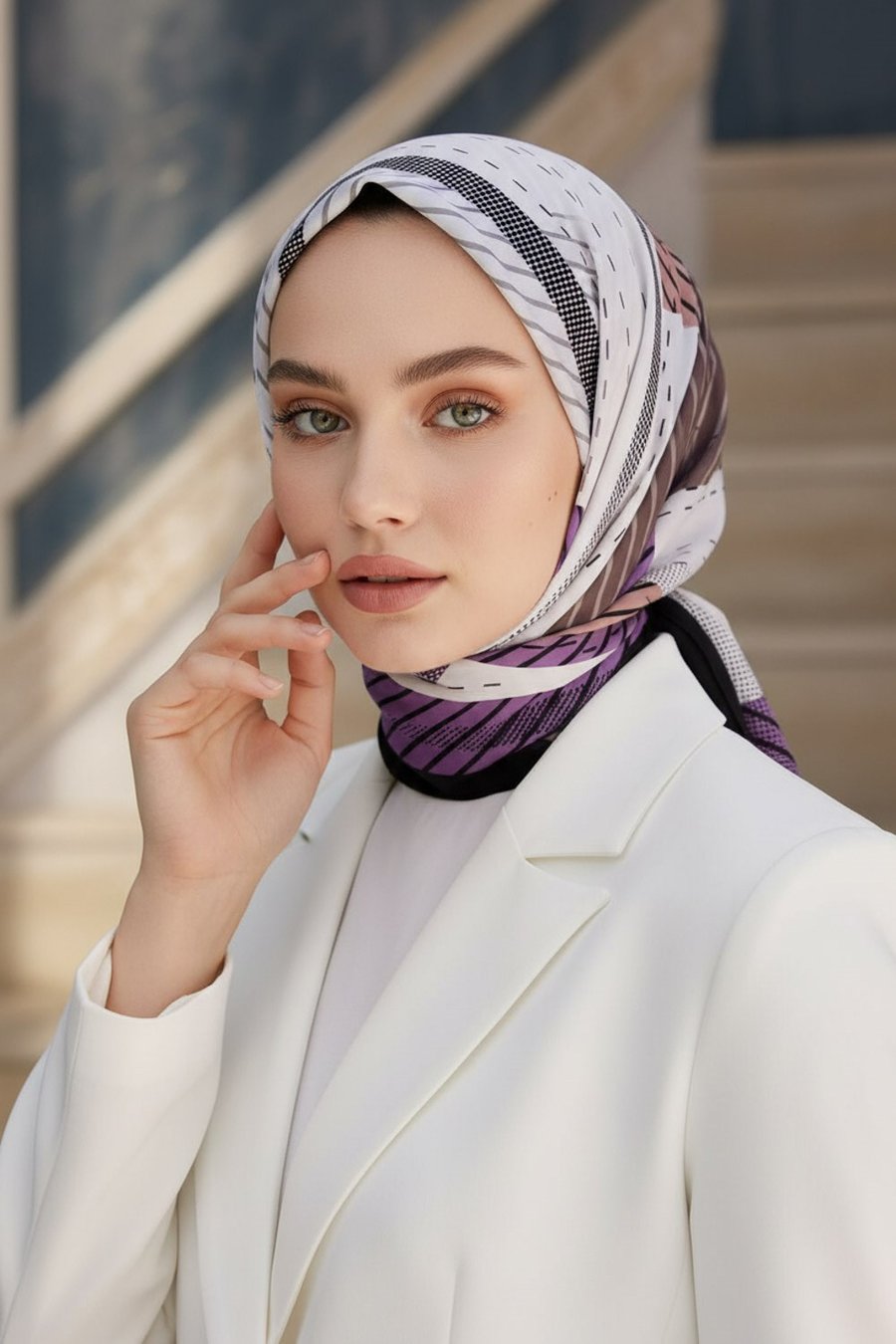 KREP ÇİZGİLİ DESENLİ KREM - MOR RENKLİ 75X195 KIRIŞMAZ ŞAL