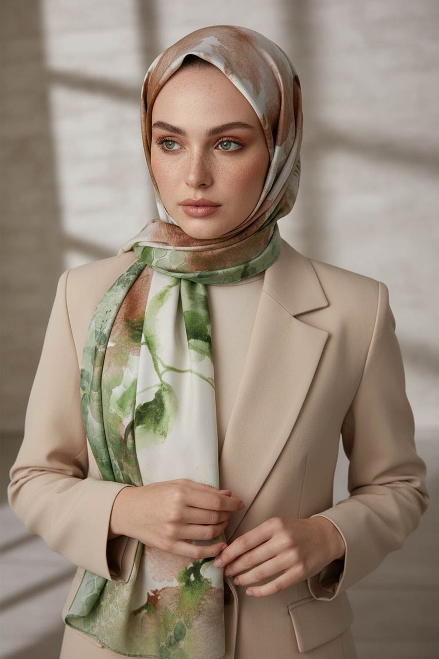 KREP SULU BOYA ÇİÇEK DESENLİ ZÜMRÜT YEŞİLİ RENKLİ 75X195 KIRIŞMAZ ŞAL