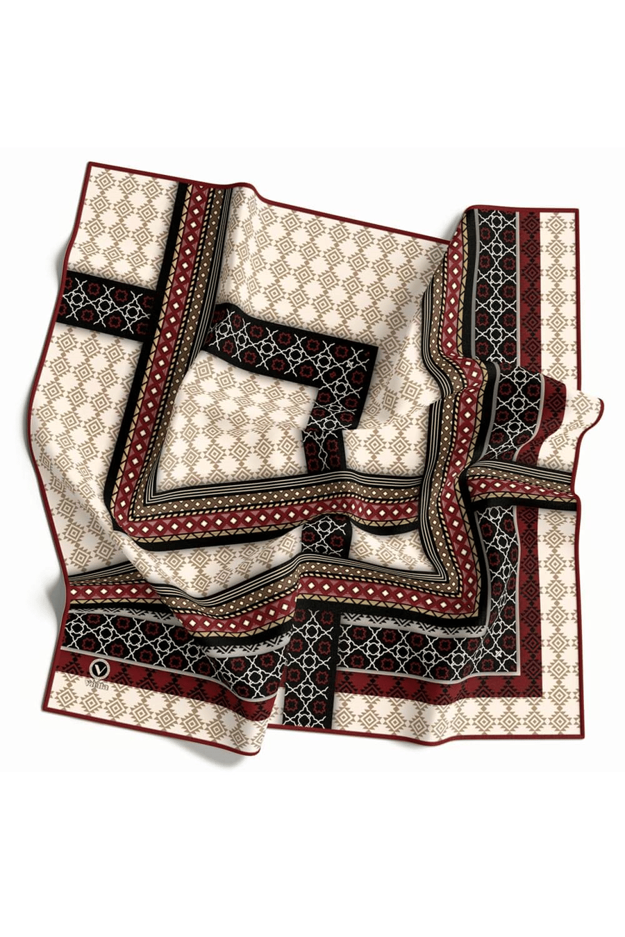 Twill Etnik Desenli Bordo Renkli 90x90 Eşarp (İpek İçermez) Kenar Dikiş Şekli El Dikişli