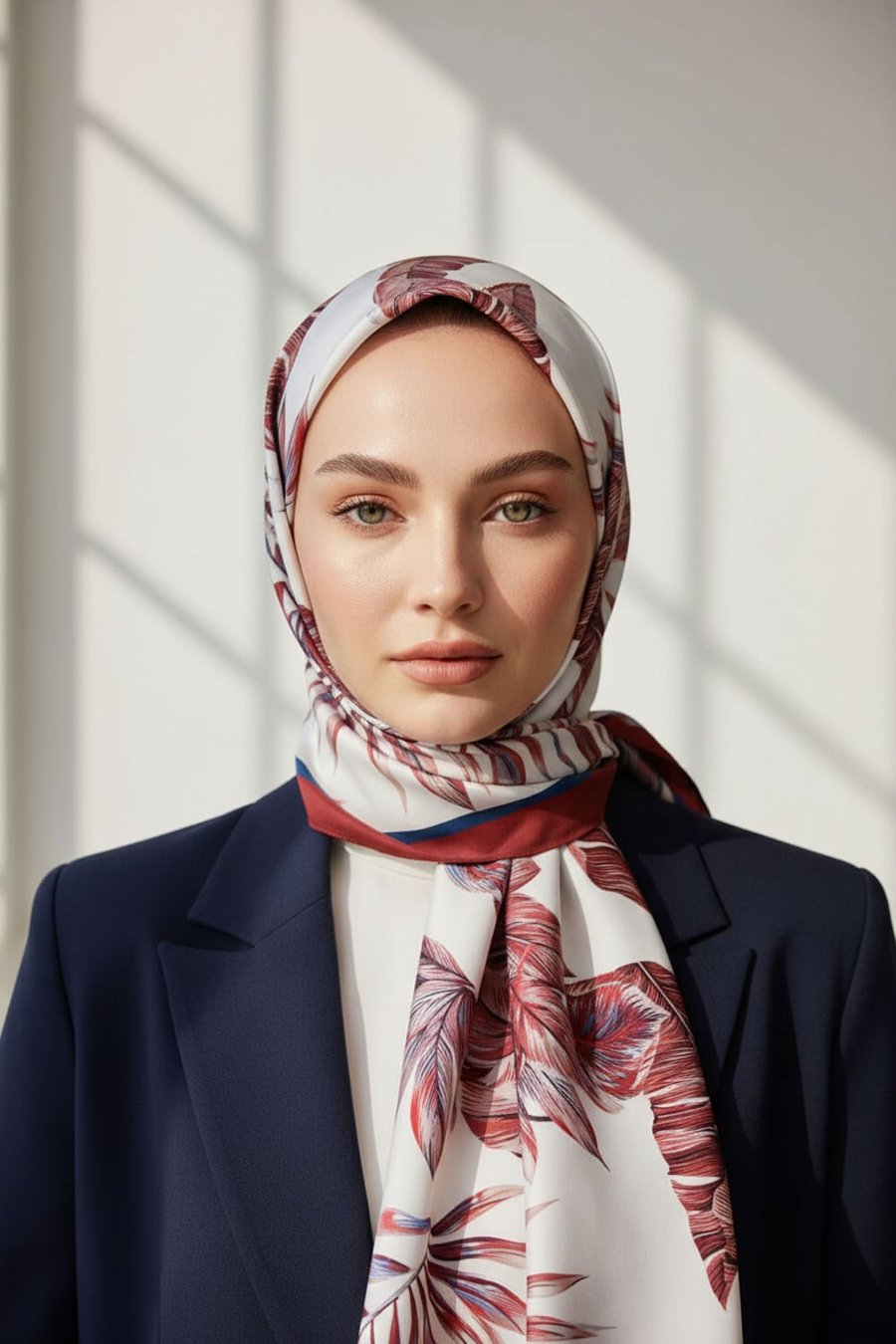 KREP YAPRAK DESENLİ KIRMIZI - İNDİGO RENKLİ 75X195 KIRIŞMAZ ŞAL