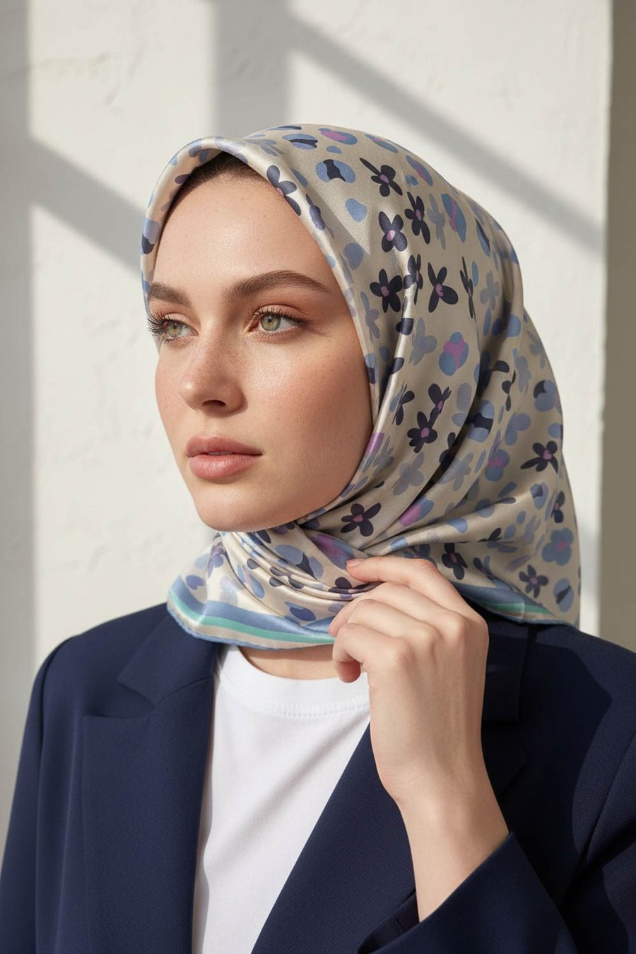 %100 Twill İpek Kalpli Leopar Desenli Buz Mavisi - Gri Renkli 90x90 Eşarp Dikim Şekli : El Dikişi