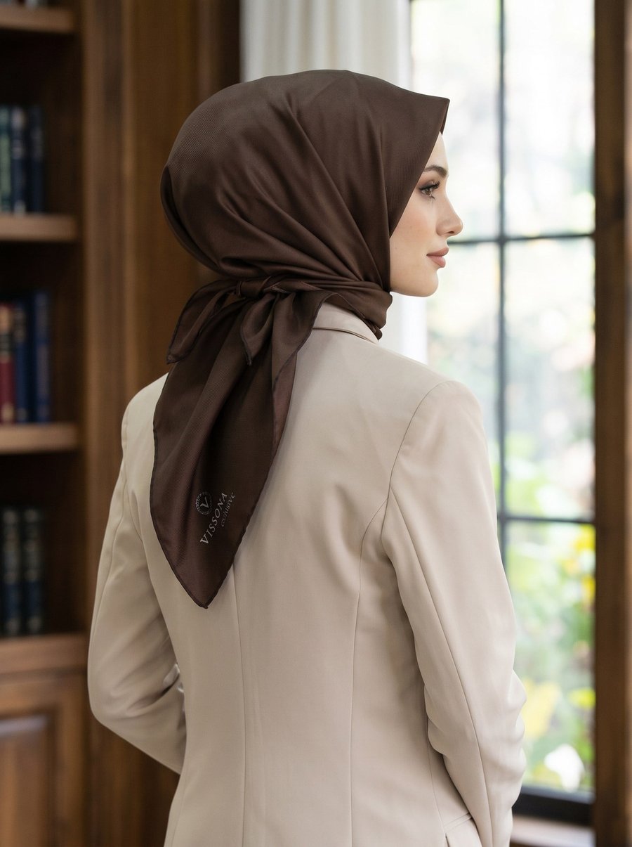 %100 Twill İpek Düz Kahverengi Renkli Daha Tok Exclusive Serisi 90x90 Eşarp Dikim Şekli : El Dikişi