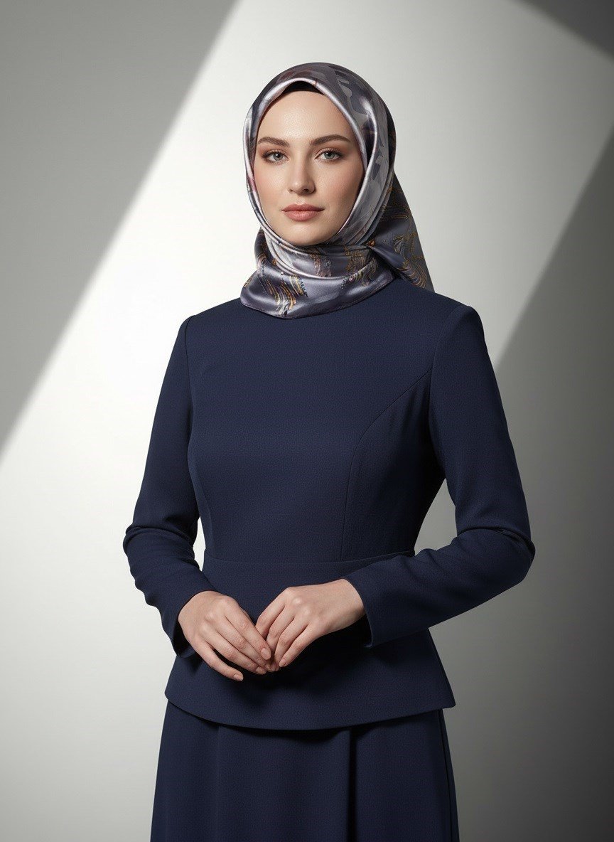 %100 Twill İpek Zincir Desenli Füme Renkli 90x90 Eşarp Dikim Şekli : El Dikişi