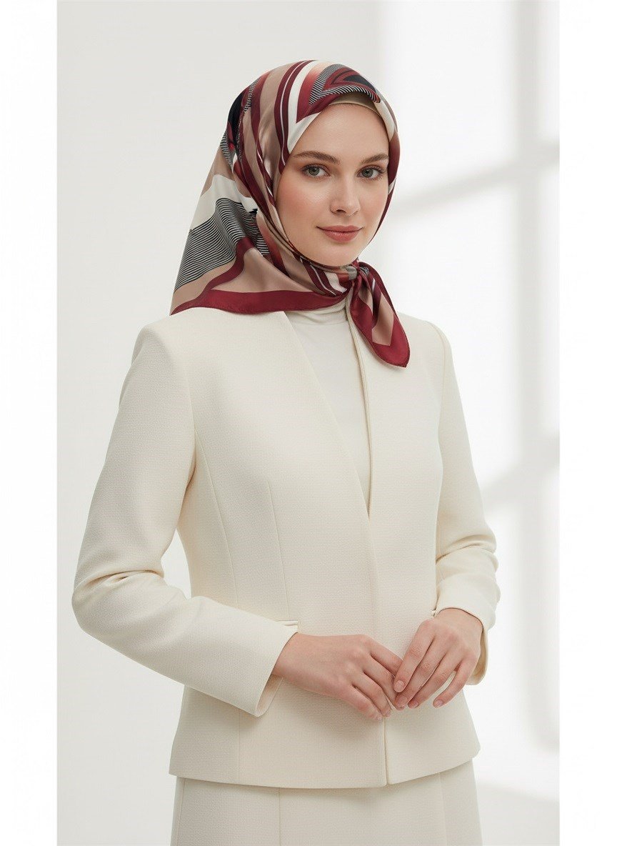 %100 Twill İpek Zebra Desenli Bej - Bordo Renkli 90x90 Eşarp Dikim Şekli : El Dikişi