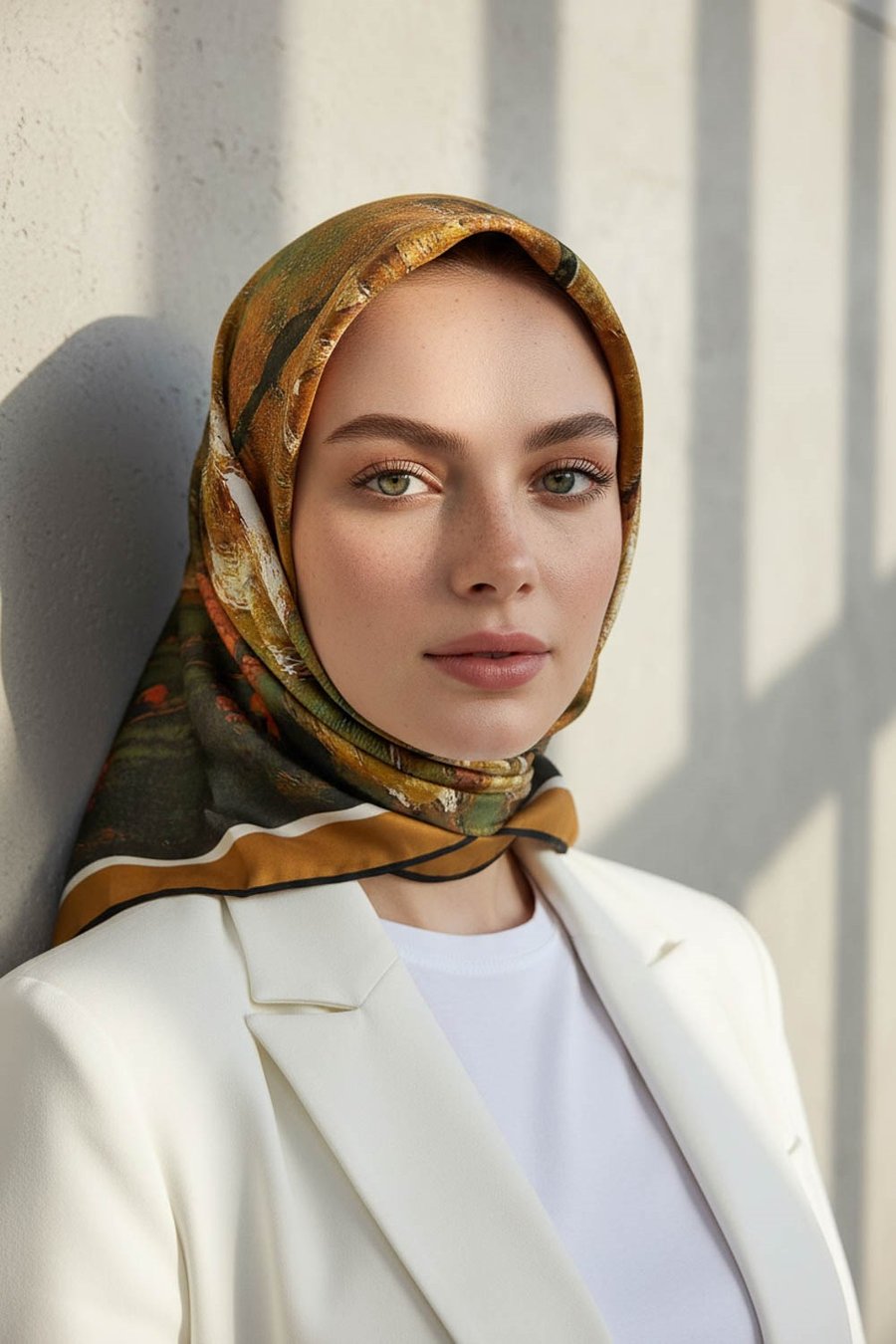 %100 Twill İpek Yağlı Boya Çiçek Desenli Bej - Haki Renkli 90x90 Eşarp Dikim Şekli : El Dikişi