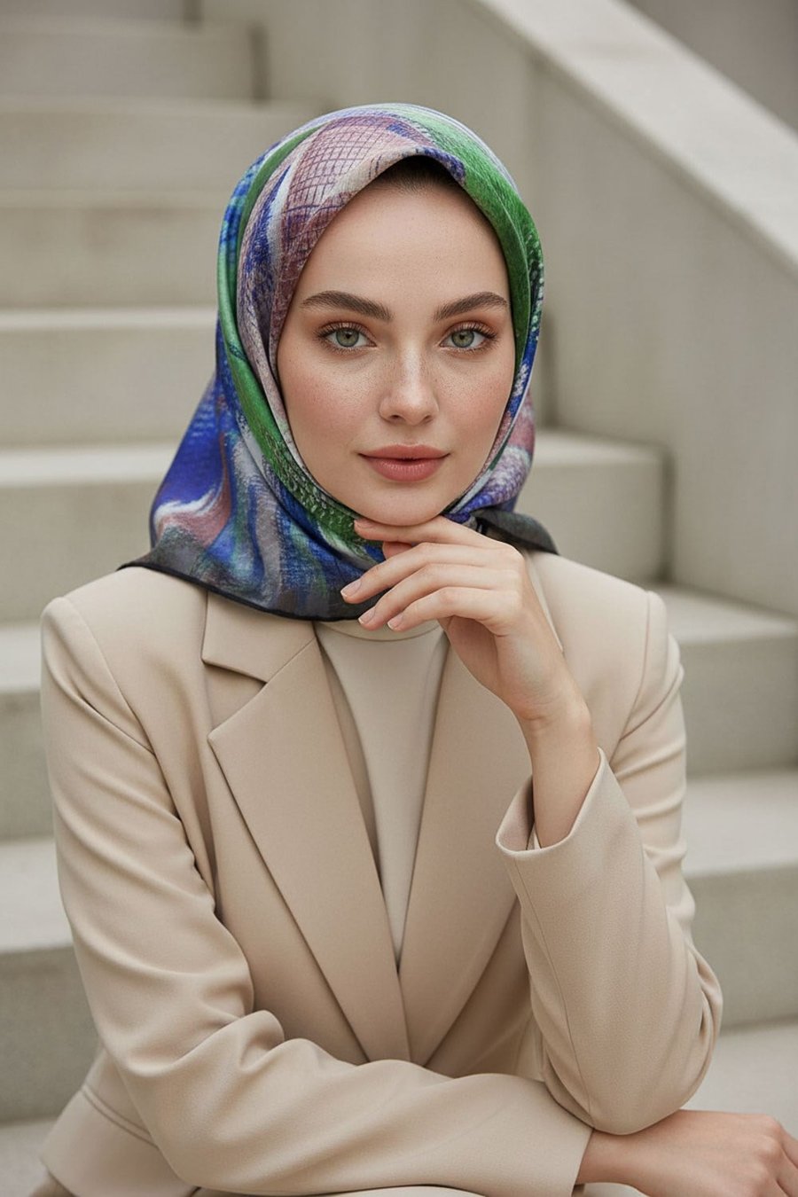 %100 Twill İpek Efektli ve Geometrik Desenli Saks - Mint Yeşili Renkli 90x90 Eşarp Dikim Şekli : El Dikişi