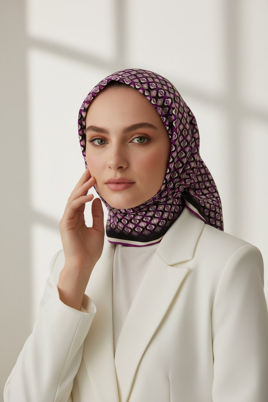 Twill Çıtır Desenli Mürdüm Renkli 90x90 Eşarp (İpek İçermez) Kenar Dikiş Şekli El Dikişli