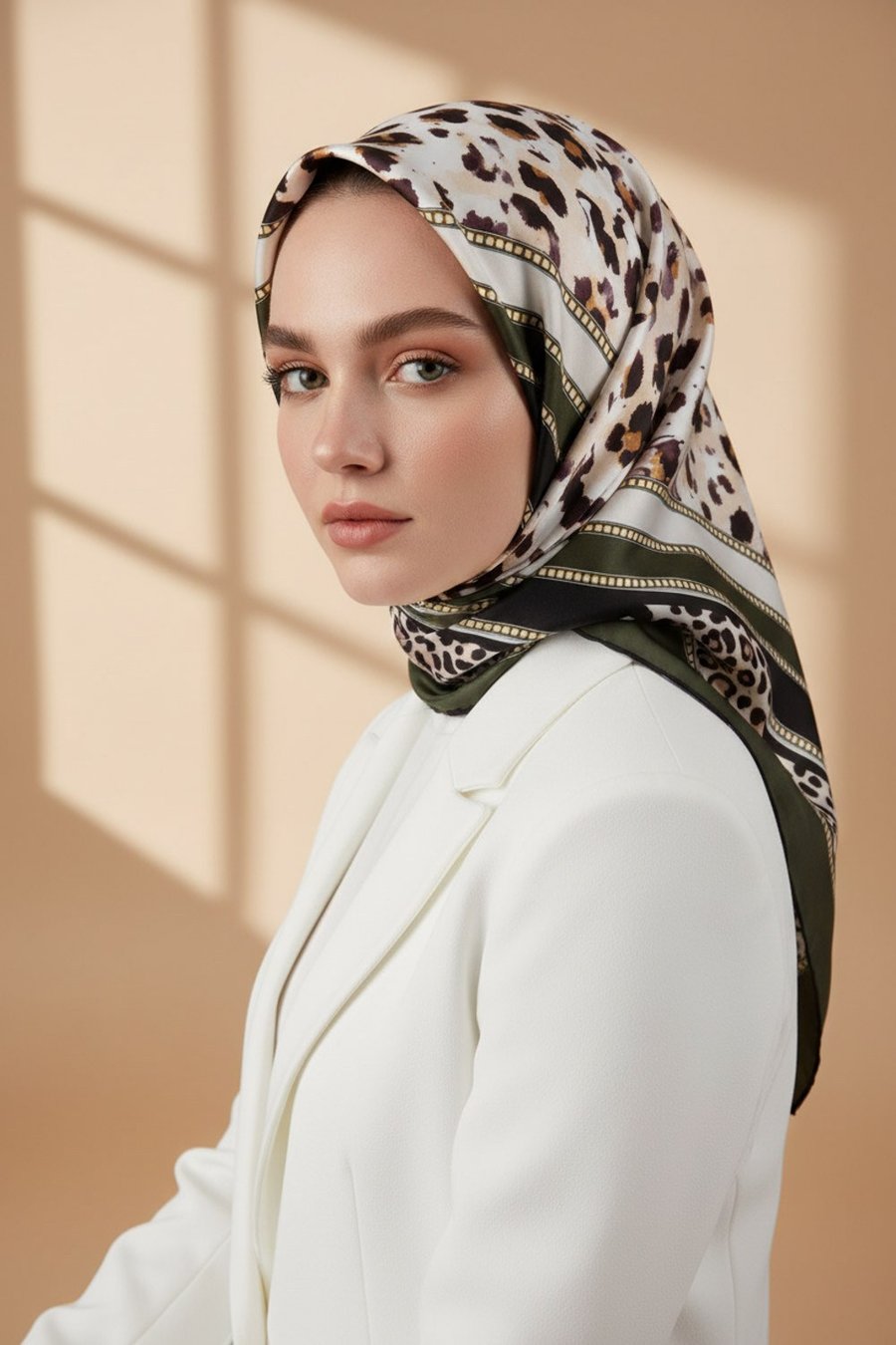 Twill Kemerli ve Leopar Desenli Zümrüt Yeşili Renkli 90x90 Eşarp (İpek İçermez) Dikim Şekli : El Dikişi