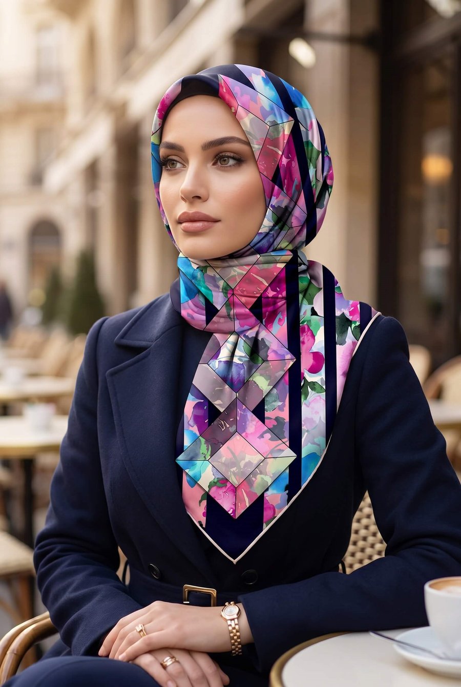 %100 Twill İpek Bahar Çiçekleri Desenli Lacivert - Fuşya Renkli 90x90 Eşarp Kenar Dikiş Şekli El Dikişli