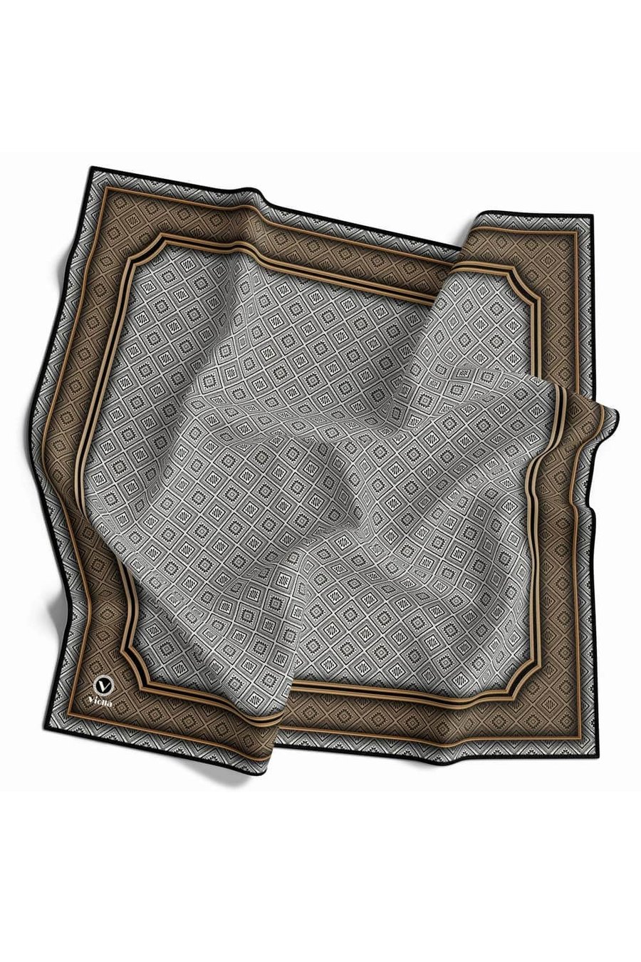 Twill Geometrik Çıtır Desenli Vizon Renkli 90x90 Eşarp (İpek İçermez) Kenar Dikiş Şekli El Dikişli