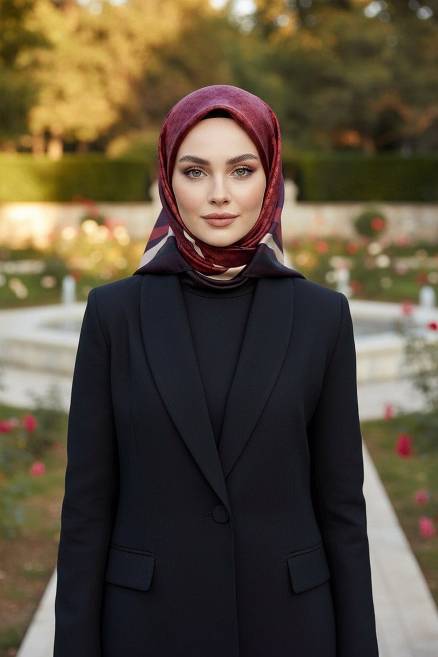 %100 Twill İpek Degrade Desenli Siyah - Kırmızı Renkli 90x90 Eşarp Dikim Şekli : El Dikişi