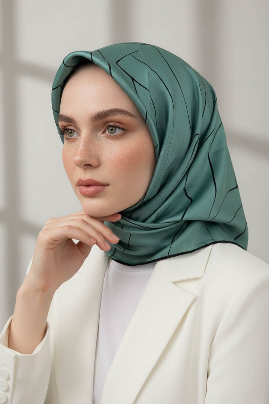 %100 Twill İpek Çizgi Desenli Mint Yeşili - Siyah Renkli 90x90 Eşarp Dikim Şekli : El Dikişi