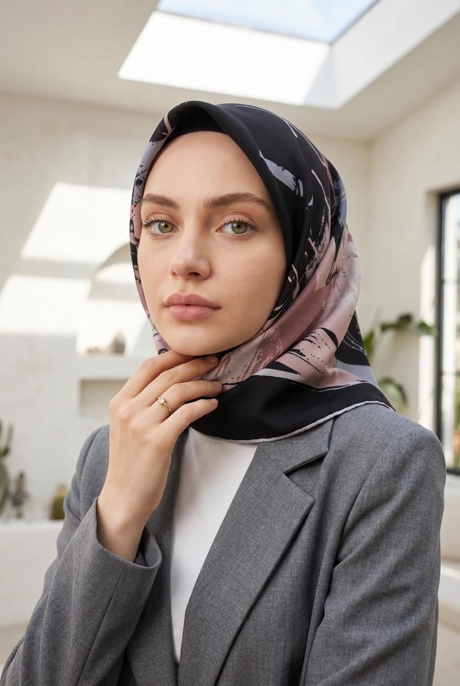 %57 İPEK %43 VİSKON Twill İpek Geometrik Desenli Siyah - Pudra Renkli 90x90 Eşarp Dikim Şekli : El Dikişi