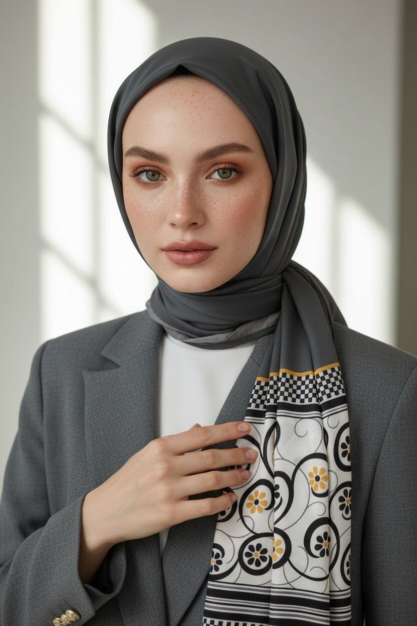 KREP KENAR MOTİFİ ÇİÇEK DESENLİ GRİ RENKLİ 75X195 KIRIŞMAZ ŞAL