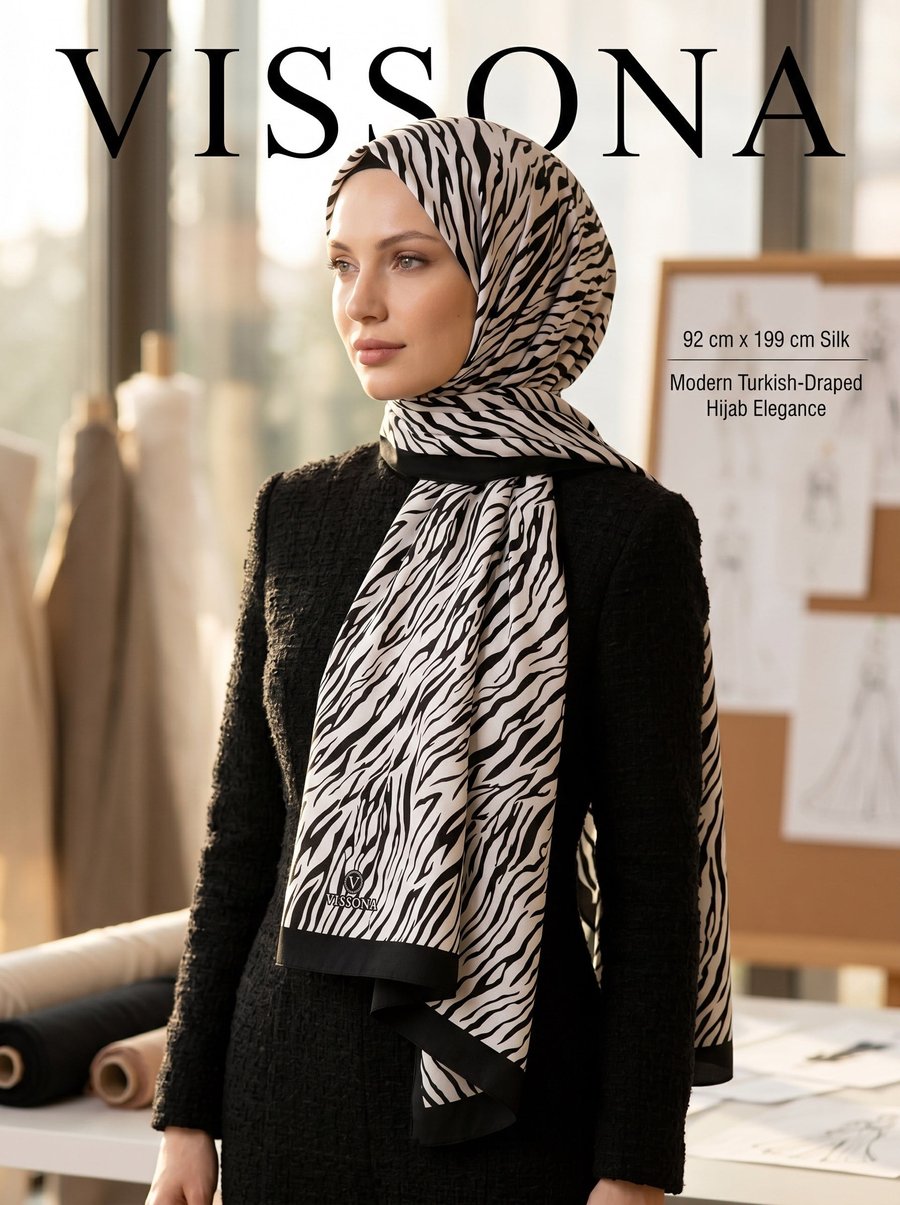 KREP GEOMETRİK DESENLİ SİYAH - BEYAZ RENKLİ 75X195 KIRIŞMAZ ŞAL