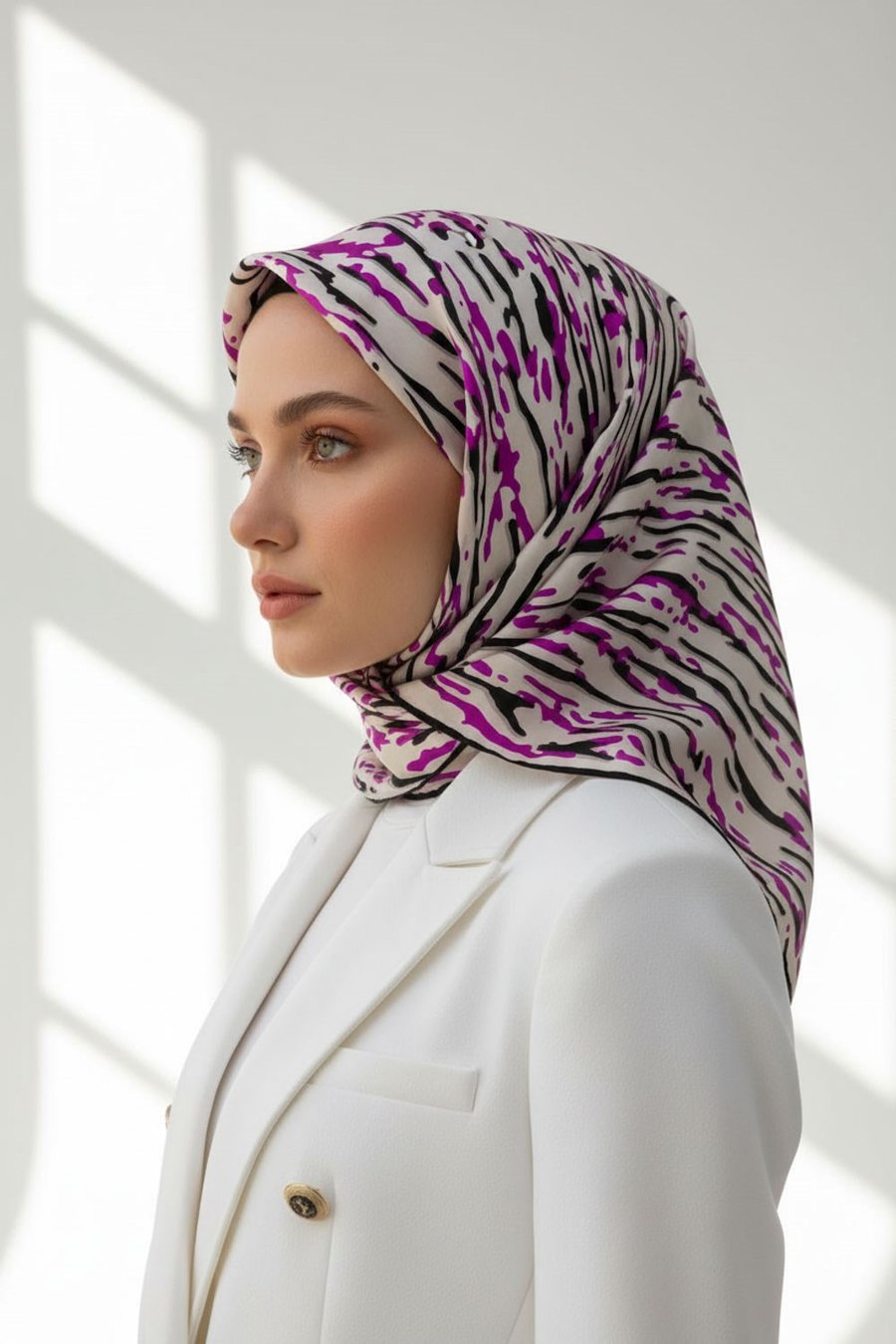 %100 Twill İpek Çizgi Desenli Krem - Fuşya Renkli 90x90 Eşarp Dikim Şekli : El Dikişi