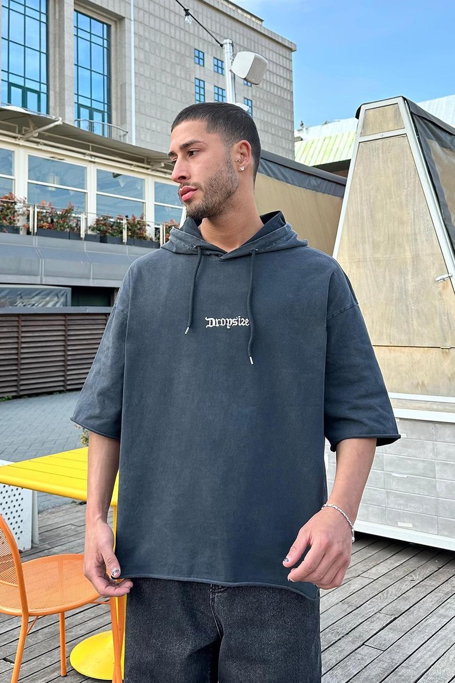 Acid Wash Dropsize Nakış Detaylı Kapüşonlu PH Oversize Tişört