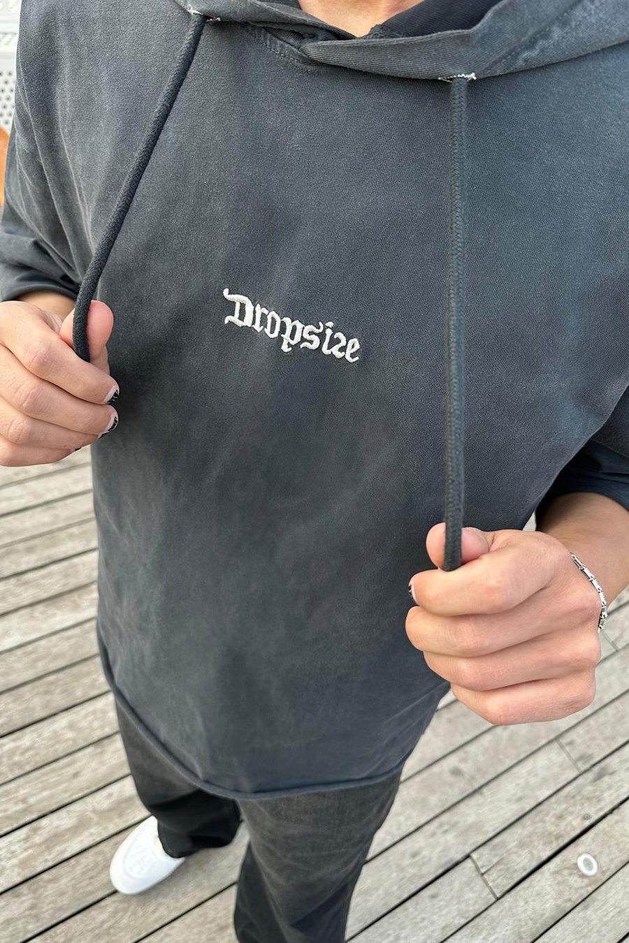 Acid Wash Dropsize Nakış Detaylı Kapüşonlu PH Oversize Tişört