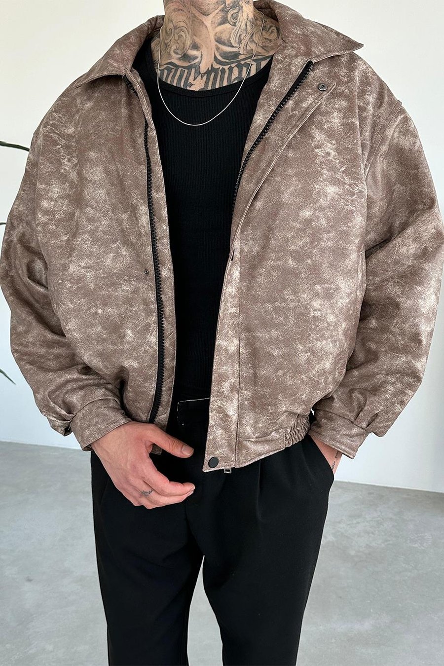 Acid Wash Kiremit Bomber Oversize Deri Ceket