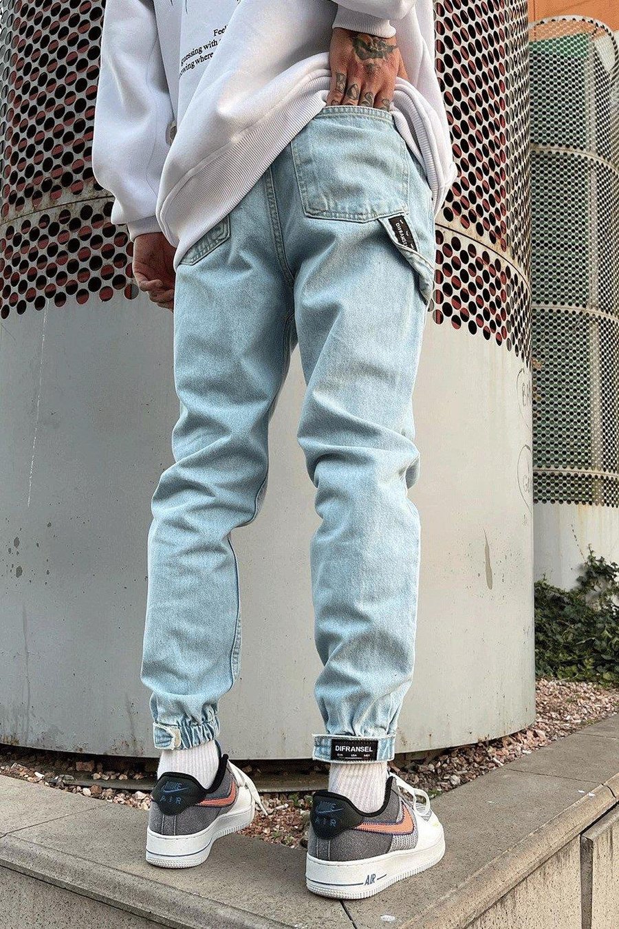 Açık Buz Mavi Gri Dokulu Kar Yıkama Paça Lastik Detay Boyfriend Jean